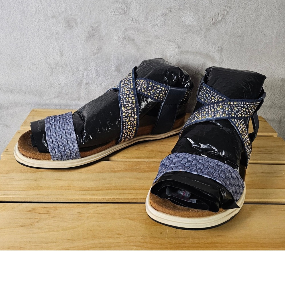 Women's Navy Blue Rhinestone Embellished Flat Sandals Size 40